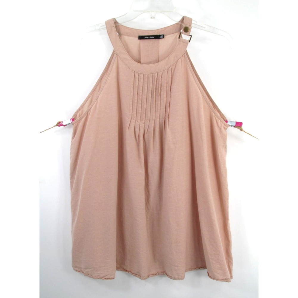 DOE & RAE Pullover Halter Top Women Large Tan Pleated Front Linen Blend Flowy